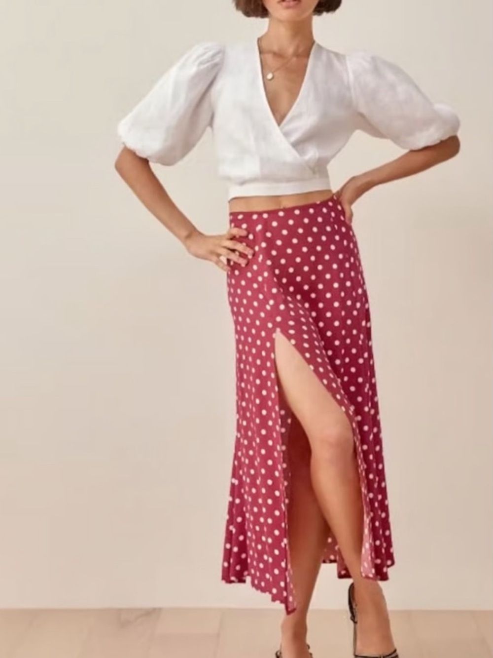 Reformation Red Polka Dot Midi Skirt with Side Slit